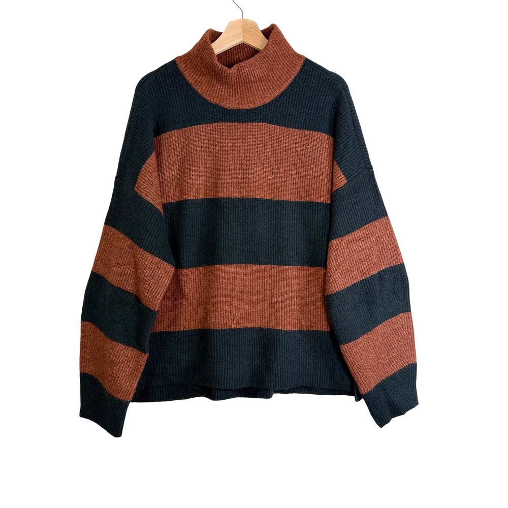 Abercrombie Fitch Striped Mock Neck Sweater Oversized Women XL Brown Black rugby - Picture 1 of 6